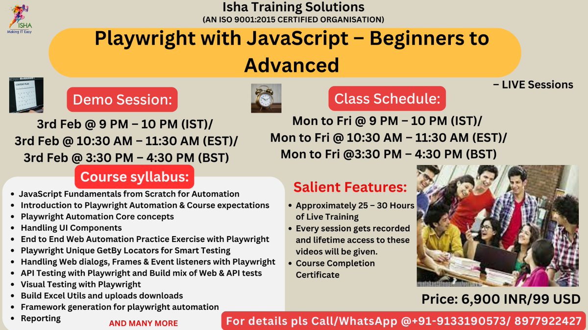 IshaKumargupta's tweet image. Playwright with JavaScript-Live Training.
Free Demo On:
3rd Feb@9PM(IST)/3rd Feb@10:30AM(EST)
you can register by joining the below Link
docs.google.com/forms/d/e/1FAI…
call/WhatsApp@+91-91331 90573/8977922427
#PlaywrightJS #PlaywrightTesting