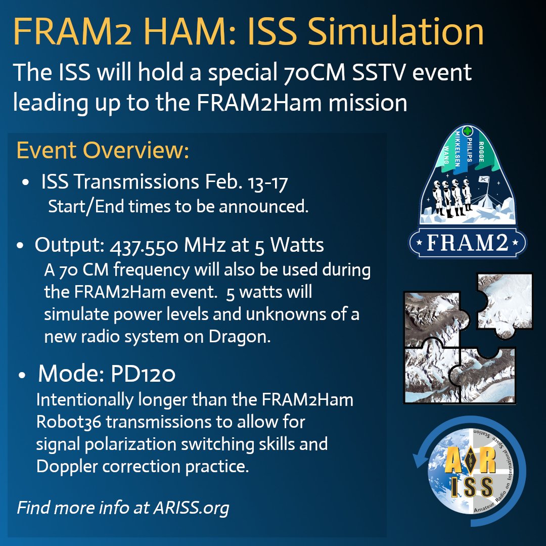 Our Fram2Ham pioneers need to be prepared and proficient.  Are you up for the challenge?  

Gear up for a practice session Feb 13-17 via the ISS.