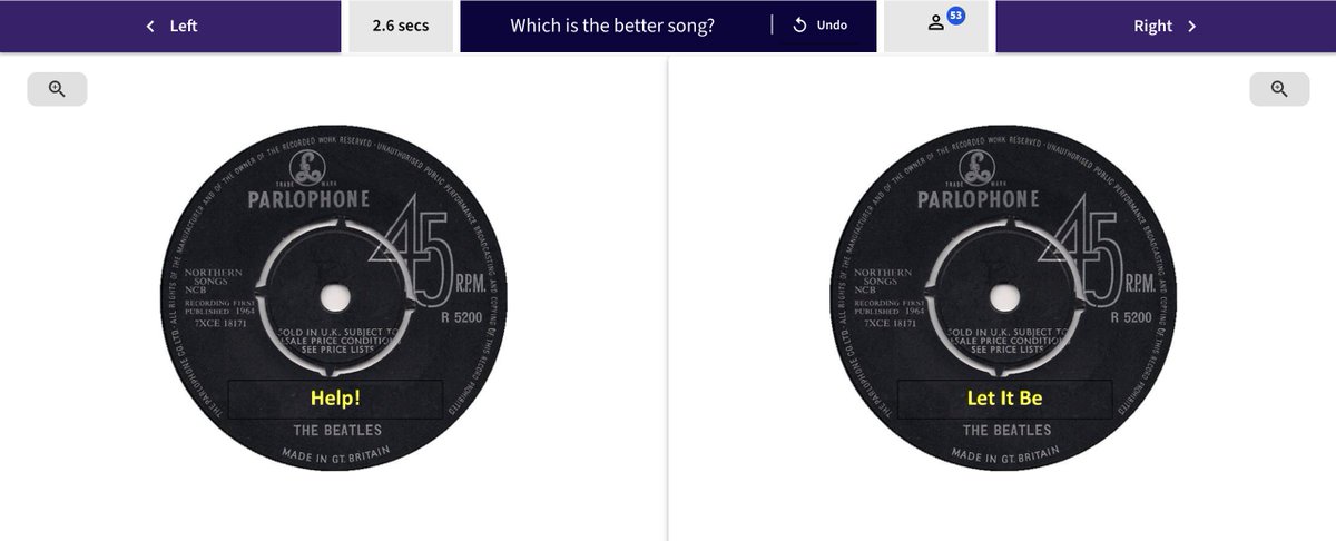NeilDefty's tweet image. 45 of the greatest Beatles 45s - but which is the best?
Let&apos;s use comparative judgement!
Open your laptop (or tablet or sideways phone).
Follow the link to sign up:
au.nomoremarking.com/judging/signup…
Then click the purple Left/Right button to choose your favourite!
@nmmarking @daisychristo