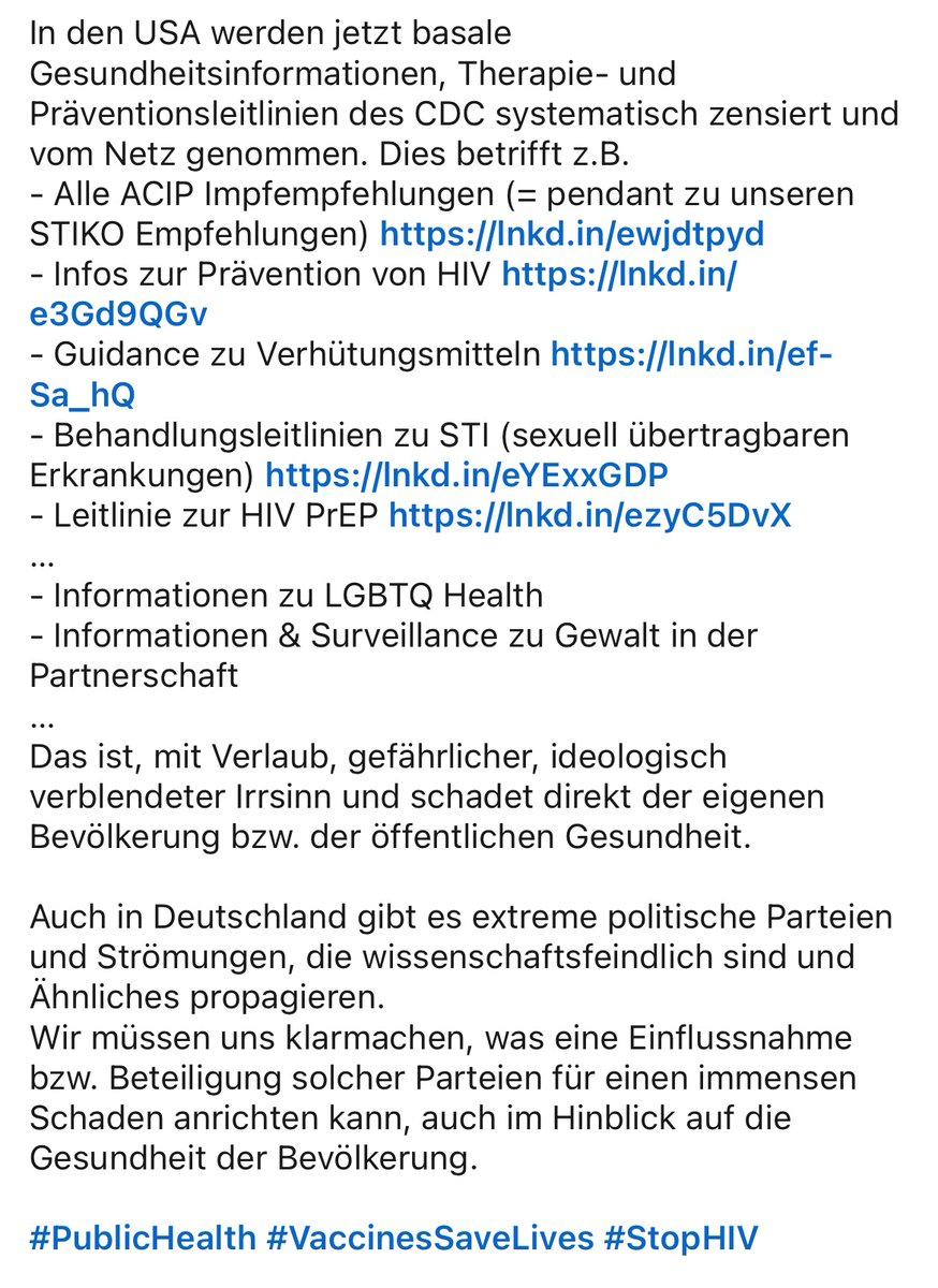 Massive staatliche Zensur von Gesundheitsinformationen &amp; Leitlinien in den USA <a href="/CDCgov/">CDC</a> 
-Impfempfehlungen der ACIP
-Infos zu HIV Prävention
-Leitlinien zu STI
-Information zu Verhütung
-…
Dieser ideologische Irrsinn schadet der eigenen Bevölkerung.
linkedin.com/posts/leif-eri…