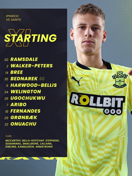 Southampton’s starting XI to take on Ipswich, with an image of Albert Grønbæek stood in Saints’ yellow away shirt. 

Starting XI: Ramsdale, Walker-Peters, Bree, Bednarek (c), Harwood-Bellis, Welington, Ugochukwu, Aribo, Fernandes, Grønbæk, Onuachu. 

Substitutes: McCarthy, Bella-Kotchap, Stephens, Sugawara, Smallbone, Lallana, Dibling, Kamaldeen, Armstrong. 