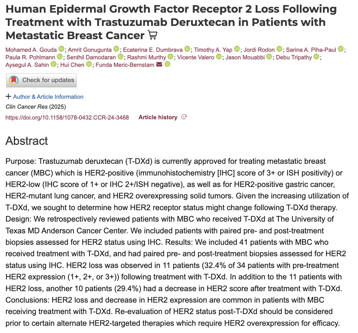 Now published in Clinical Cancer Research!

HER2 loss in not infrequent after treatment with T-DXd. Almost one third of treated patients had complete loss and an additional one third had decrease in HER2 IHC score!

𝗟𝗶𝗻𝗸 𝘁𝗼 𝗳𝘂𝗹𝗹 𝗮𝗿𝘁𝗶𝗰𝗹𝗲: aacrjournals.org/clincancerres/…