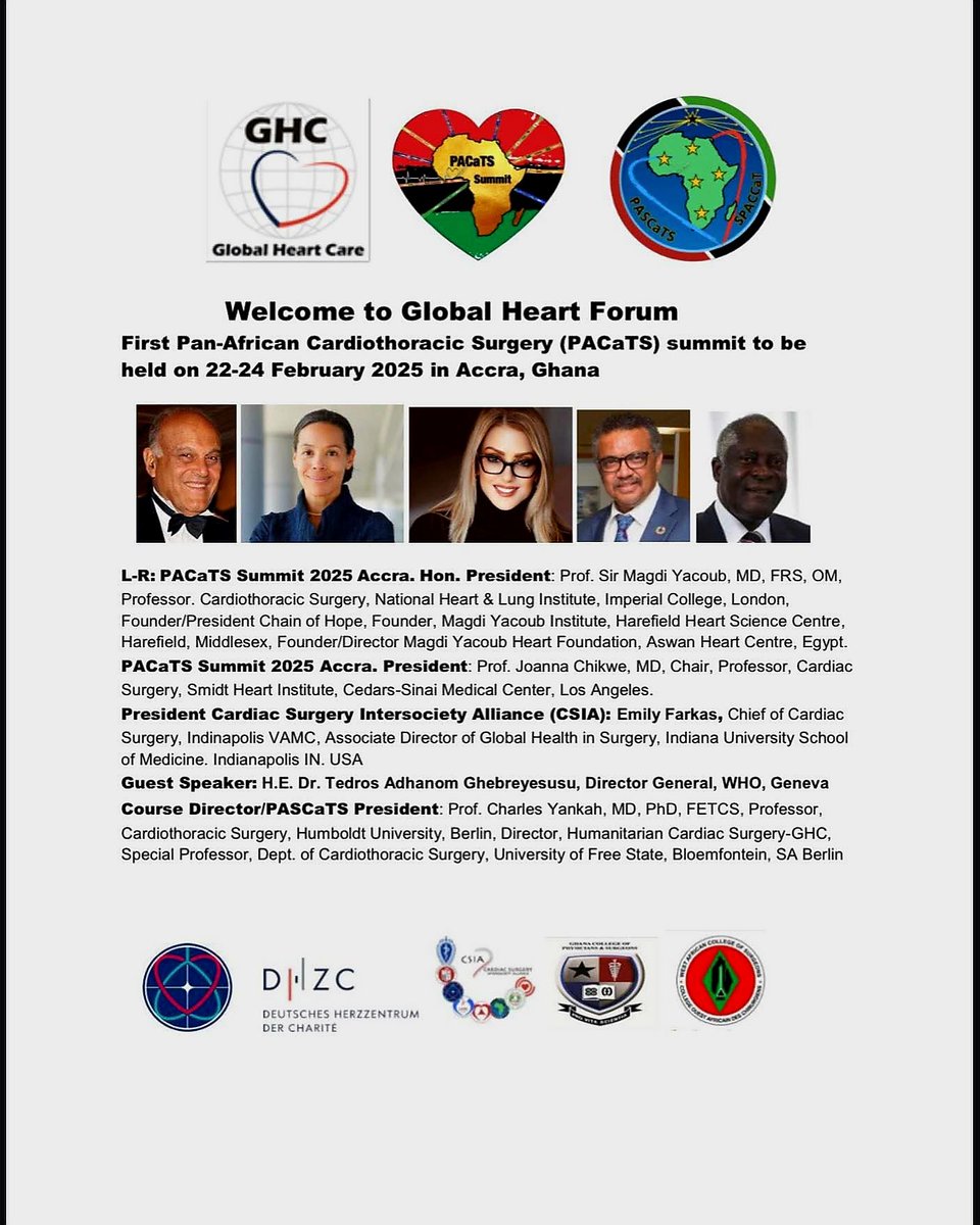 Looking forward to this Summit.  A stage to possibly tackle the African Cardiothoracic Surgery problem. 
21st to 24th February 2025, Accra, Ghana. 
pascats.com/so/22P5b4Alu?l…