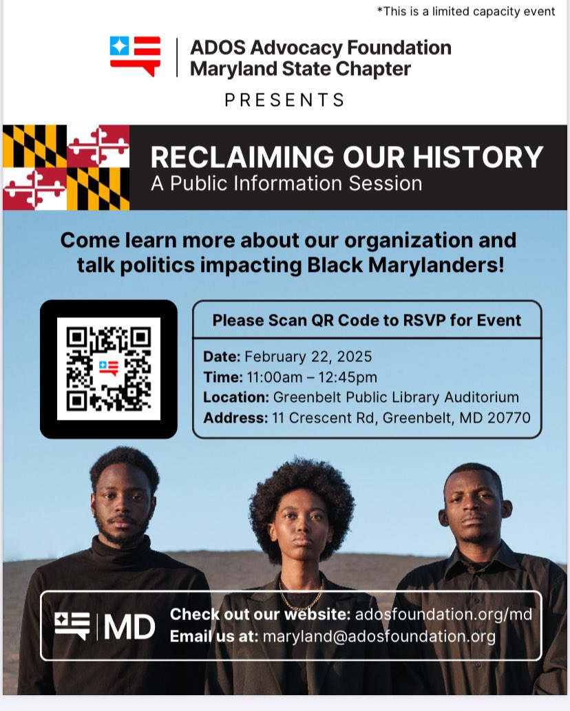 ADOSMD's tweet image. It is Black History Month!
ADOS Maryland Chapter is holding a Public Information Session. 
Learn  about our organization and let's talk about politics  affecting Maryland's Black population.