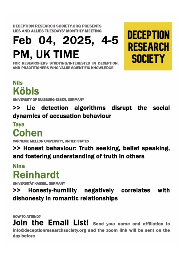 Deception Research Society (@deceptionrs) on Twitter photo This month's Lies and Allies is coming up this Tuesday! Message to join the mailing list and to receive an invitation to join the meeting This month's Lies and Allies is coming up this Tuesday! Message to join the mailing list and to receive an invitation to join the meeting