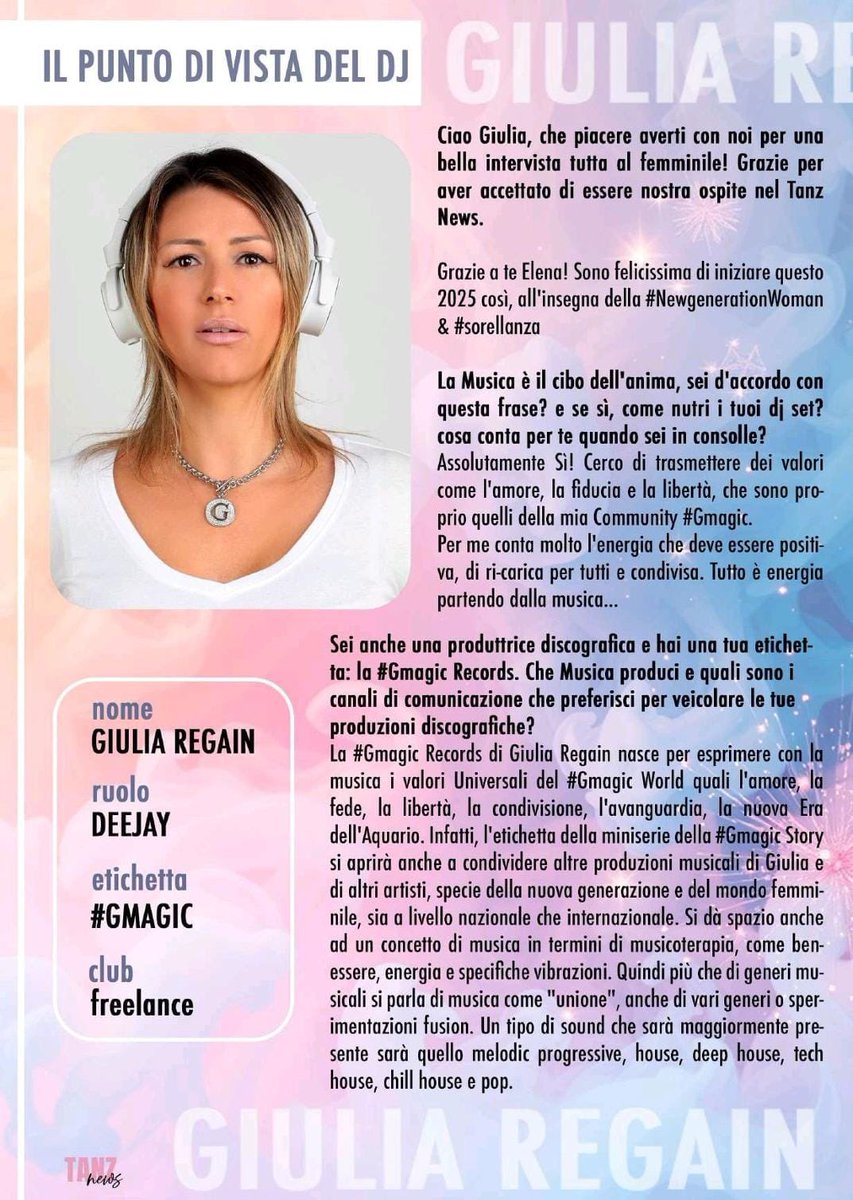 DjGiuliaRegain's tweet photo. Grazie alla splendida collega Elena Tanz Dj per questa magica intervista 

[scaricabile e leggibile su https://t.co/LmbVSSx7gV]

🚺 #NewGenerationWoman #Sorellanza 

@ElenaTanz https://t.co/ZKwWO2ejAK