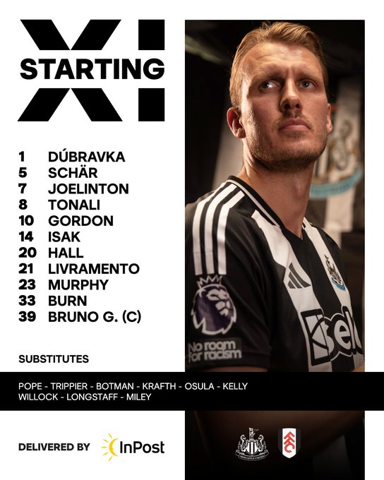 Newcastle United v Fulham: Dúbravka, Schär, Joelinton, Tonali, Gordon, Isak, Hall, Livramento, Murphy, Burn, Bruno G.