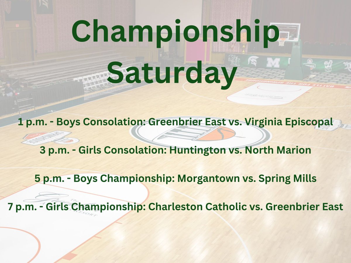 The stage is set for championship Saturday. Get your tickets and come join us! (Reminder, online ticket sales are suspended 3 hours before the first game. Tickets will be available at the door.)

store.greenbrier.com/basketball-tic…

#wvprepbb #wvgirlsbb