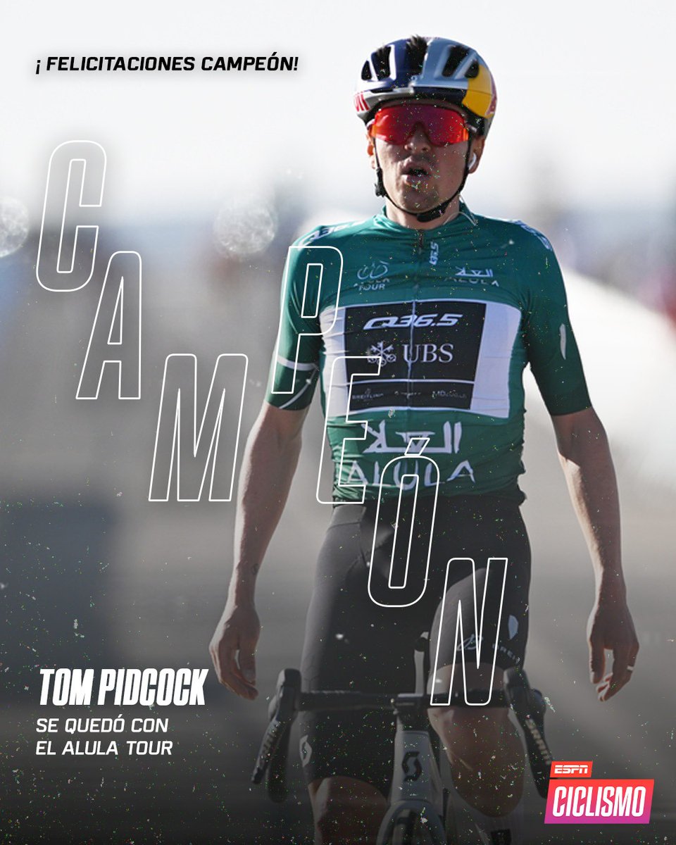 ESPNCiclismo's tweet photo. ¡Hay nuevo campeón! Thomas #Pidcock festejó tras llevarse el #AlulaTour. 👏👑

🔝 Fredrik #Dversnes y Johannes #Kulset completaron el podio. https://t.co/5R9DXtnLxl