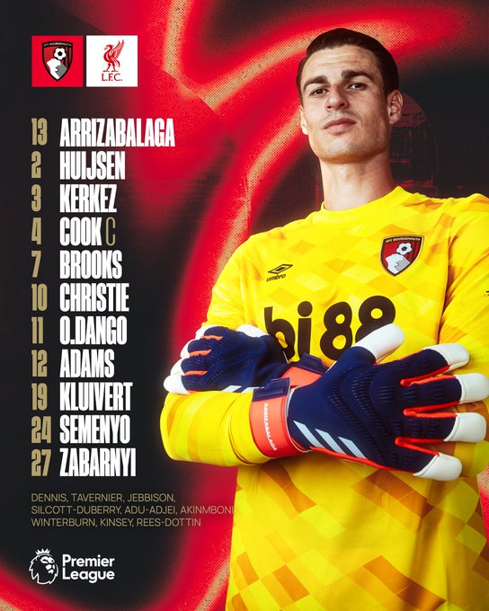 The AFC Bournemouth team news graphic: Arrizabalaga, Huijsen, Kerkez, Cook (C), Brooks, Christie, O.Dango, Adams, Kluivert, Semenyo, Zabaryni.