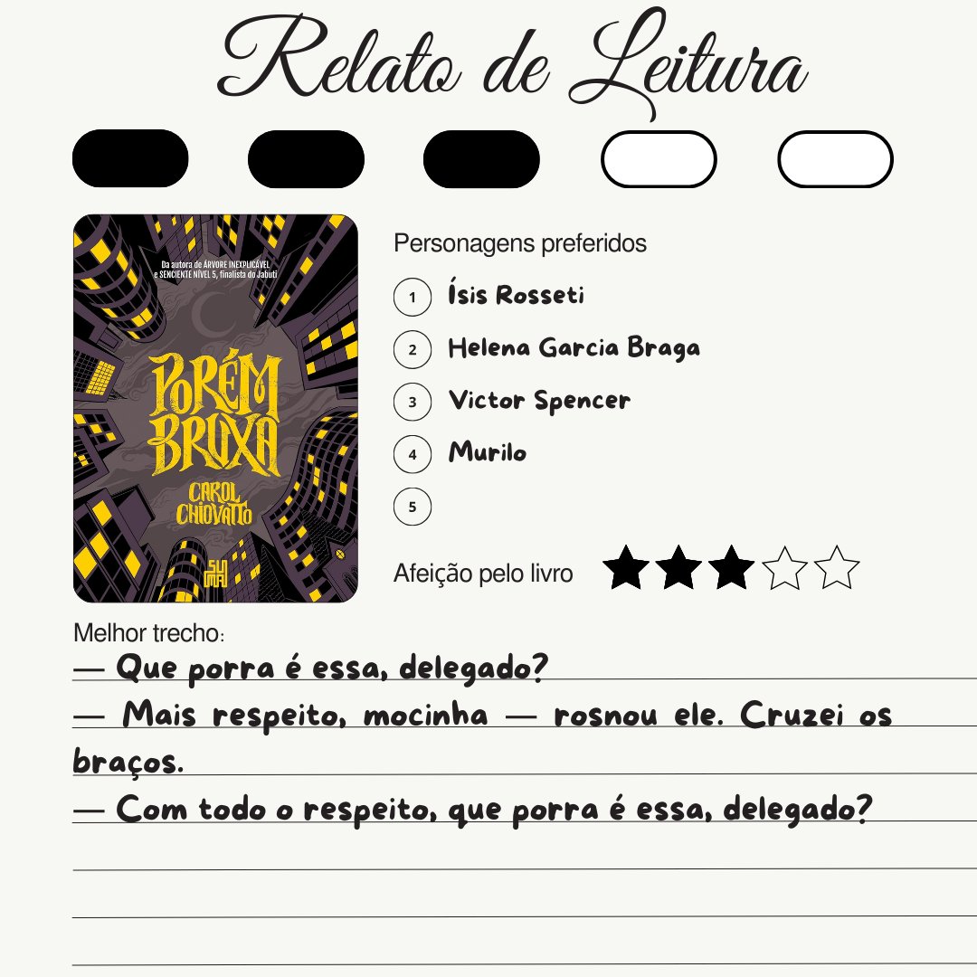 “Porém, Bruxa”, de Carol Chiovatto. 
Status de leitura: 60%. 
Impressões: A trama parece prestes a dar uma encorpada, com as peças do quebra-cabeça sendo montadas. Machismo tá dificultando a vida da protagonista mais do que magia.