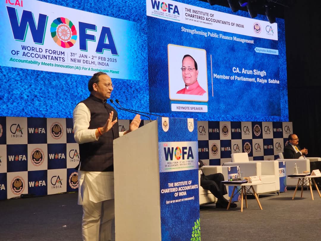 ArunSinghbjp's tweet photo. I feel privileged to discuss the #UnionBudget2025 before the esteemed gathering of World Forum of Accountants organised by my own alma mater @theicai.

I congratulate CA Ranjeet Kumar Agarwal ji, President ICAI and the entire team for organising WOFA in India and selecting a very pertinent theme- 'Accountability Meets Innovation (AI): For a Sustainable Planet', which is not just a phrase, but a clarion call for global sustainability goals.