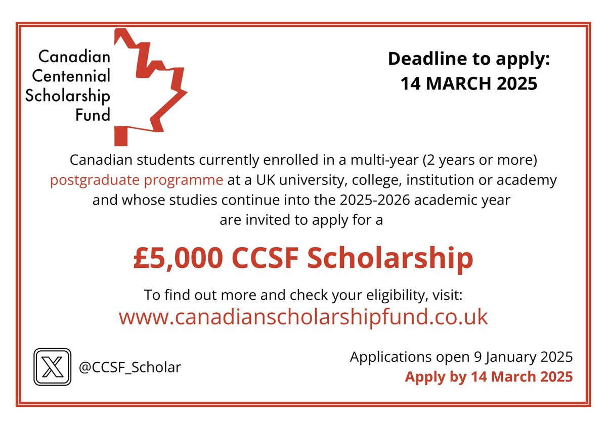 Our 2025-26 #scholarship applications are open! If you're a #Canadian pursuing a 2+ year postgraduate course in the UK extending into next year, apply by March 14. More info: buff.ly/4aFR2ky.