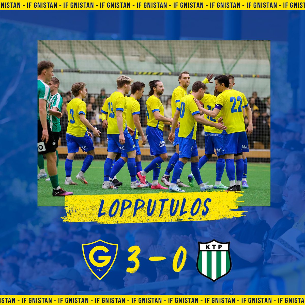 MAISTUU, MAISTUU! 💛💙

Gnistan nappaa kolme pistettä ja siirtyy lohkossaan kärkipaikalle.

Maalintekijät: Tim Väyrynen x2 ja KTP:n oma maali.

#OgelinOma #Gnistan #Liigacup