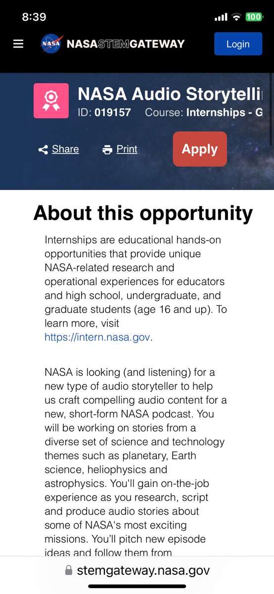 Nancy Coddington (@nancycoddington) on Twitter photo Looking to explore opportunities in space 🪐#SciComm?
This @nasa internship is open to both undergrad & graduate students looking to stretch their storytelling skills in podcasting 🎧
Applications due Feb 28th
<a href="/myndwalk/">Kitty Gifford</a> <a href="/CornellNews/">Cornell Chronicle</a> <a href="/SCMornings/">Ann-Marie Adams</a> <a href="/IthacaCollege/">Ithaca College</a> Looking to explore opportunities in space 🪐#SciComm?
This @nasa internship is open to both undergrad & graduate students looking to stretch their storytelling skills in podcasting 🎧
Applications due Feb 28th
<a href="/myndwalk/">Kitty Gifford</a> <a href="/CornellNews/">Cornell Chronicle</a> <a href="/SCMornings/">Ann-Marie Adams</a> <a href="/IthacaCollege/">Ithaca College</a>