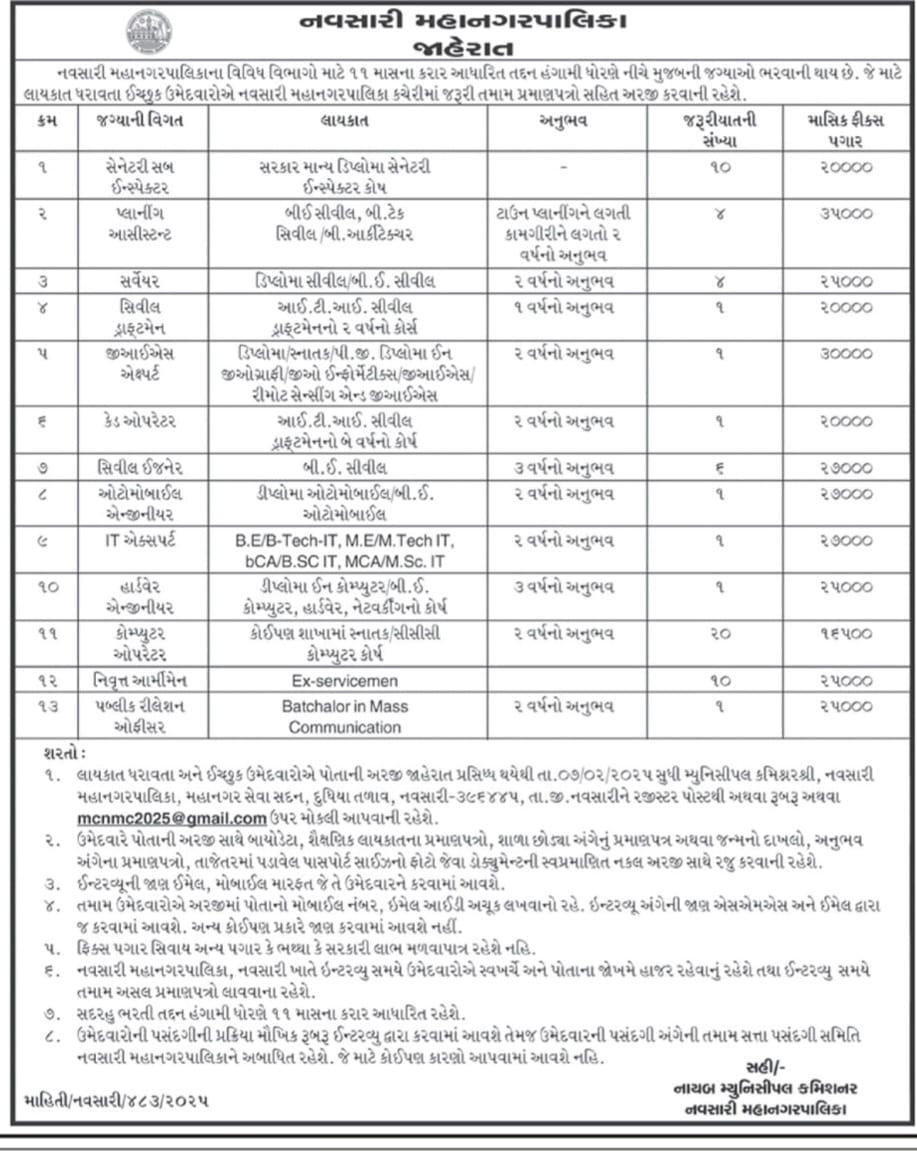 NavsariNMC's tweet photo. નવસારી મહાનગરપાલિકાના વિવિધ વિભાગોમાં 11 માસના કરાર આધારિત હંગામી ધોરણે નીચે જણાવેલ જગ્યાઓ માટે ભરતી કરવામાં આવશે.

આ માટે લાયકાત ધરાવતા ઈચ્છુક ઉમેદવારોને નવસારી મહાનગરપાલિકા કચેરી ખાતે પોતાના જરૂરી તમામ પ્રમાણપત્રો સાથે અરજી કરવાની રહેશે. 

#NMC https://t.co/vAtJU89Eh1