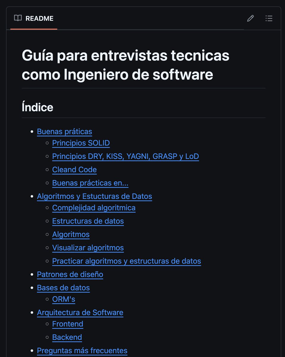 midudev's tweet image. ¡Guía para entrevistas técnicas de programación!
✓ Patrones de diseño
✓ Arquitectura de software
✓ Buenas prácticas y Clean Code
✓ Algoritmos y estructuras de datos
✓ Preguntas típicas por lenguaje y tecnología
midu.link/guia