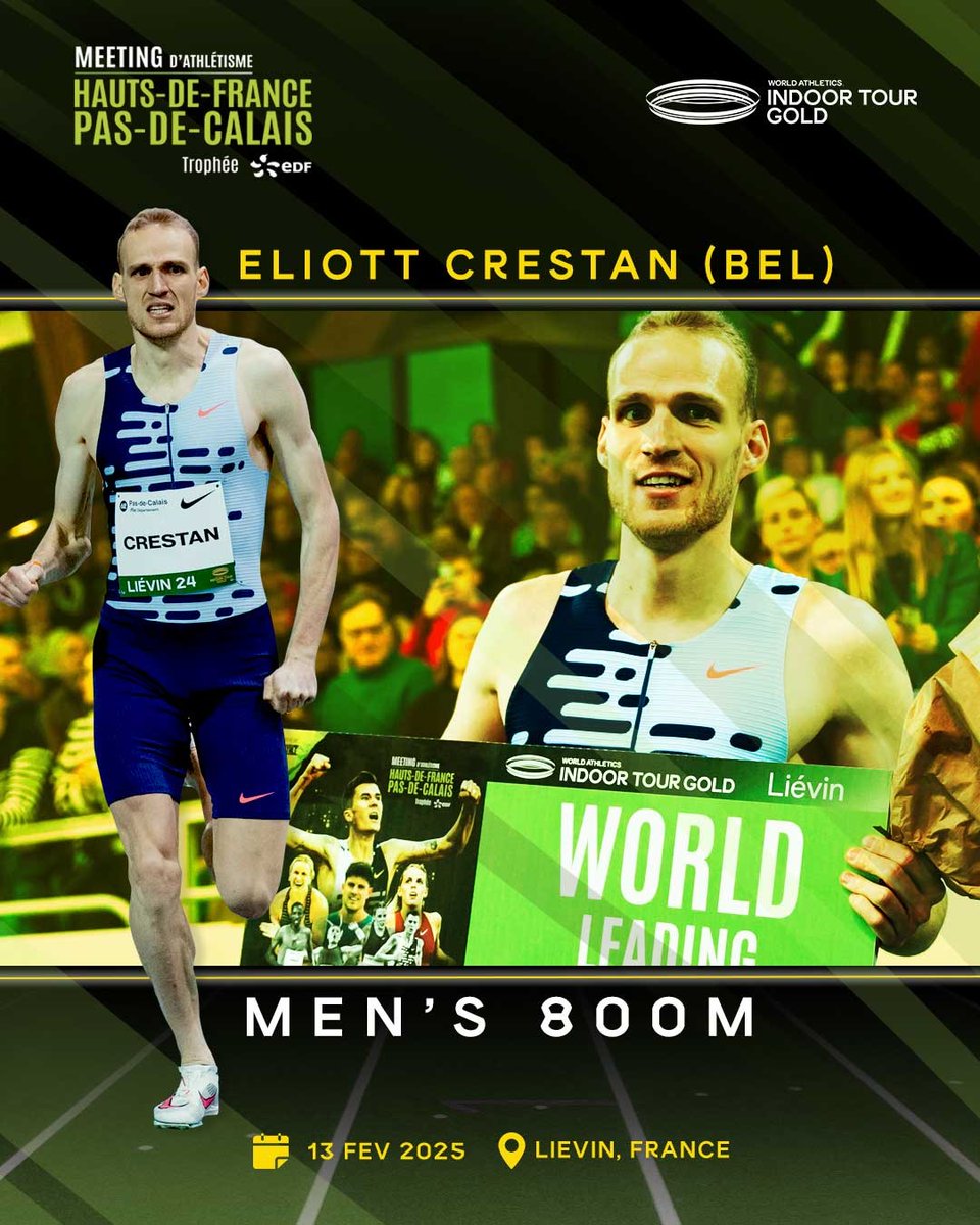 Meeting Hauts-de-France Pas-de-Calais (@meeting_lievin) on Twitter photo 💚Ils seront à #Liévin
Eliott CRESTAN🇧🇪1’14’’92 au 600m indoor (MP Européenne TT ) sera sur le 800m!
Le belge médaillé de🥉 aux🌍indoor 2024 arrivera avec les armes pour rivaliser avec les meilleurs !
#WorldIndoorTour #Gold✨ <a href="/WorldAthletics/">World Athletics</a> <a href="/LigueHDFA/">Ligue Hauts-de-France Athlétisme</a> 💚Ils seront à #Liévin
Eliott CRESTAN🇧🇪1’14’’92 au 600m indoor (MP Européenne TT ) sera sur le 800m!
Le belge médaillé de🥉 aux🌍indoor 2024 arrivera avec les armes pour rivaliser avec les meilleurs !
#WorldIndoorTour #Gold✨ <a href="/WorldAthletics/">World Athletics</a> <a href="/LigueHDFA/">Ligue Hauts-de-France Athlétisme</a>