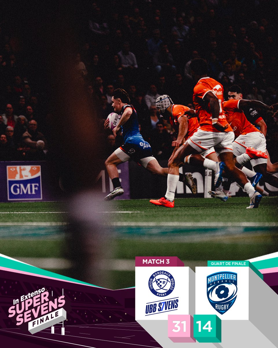supersevens's tweet photo. Quart de finale n°3 du tournoi masculin
@UBBrugby Sevens - @MHR_officiel Sevens

On retrouvera bien les Bordelais en demi-finale 🔥

#InExtensoSupersevens