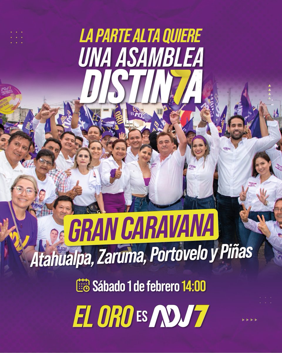 ADNElOro's tweet photo. Acompáñanos y sé parte del cambio hacia un país distinto, con más oportunidades y bienestar para todos.🇪🇨🧬✅

¡Este 9 de febrero raya todo 7, la lista ganadora!💜 https://t.co/fCiU9mV1pK