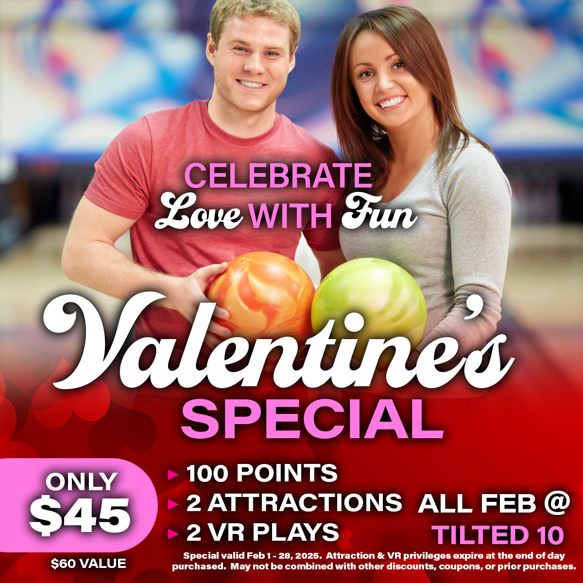 Tilted10US's tweet photo. 💖 February Special 💖
Love is in the air, and so is the fun at Tilted 10! 🎮
Enjoy this month’s sweet deal:
✨ 100 Play Card Points
🎢 2 Attractions
🕶️ 2 Virtual Reality Plays
All for just $45!

#ValentinesSpecial #Tilted10 #ValentinesDay #Valentine #Arcade #VideoGames https://t.co/3Qa2oXM0op