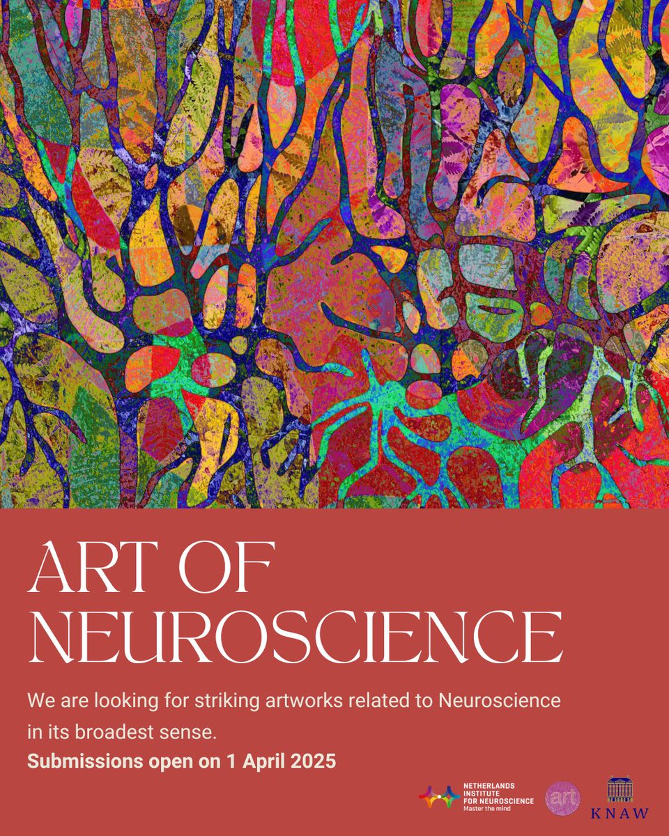 ArtNeuro's tweet image. 📣 Exciting news, the 2025 Art of Neuroscience competition is approaching! 

🗓️ Submissions open April 1st 

🎨 We’re looking for compelling artworks that explore the brain in all its forms. See past winners and learn more at 👉 aon.nin.nl.