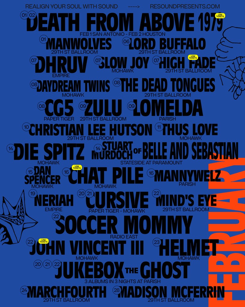 Resound Presents (@resoundpresents) on Twitter photo February isn’t just the month for love. It’s also the month for badass shows! 👊 Get your tickets to all these gigs and more at the link in bio. February isn’t just the month for love. It’s also the month for badass shows! 👊 Get your tickets to all these gigs and more at the link in bio.