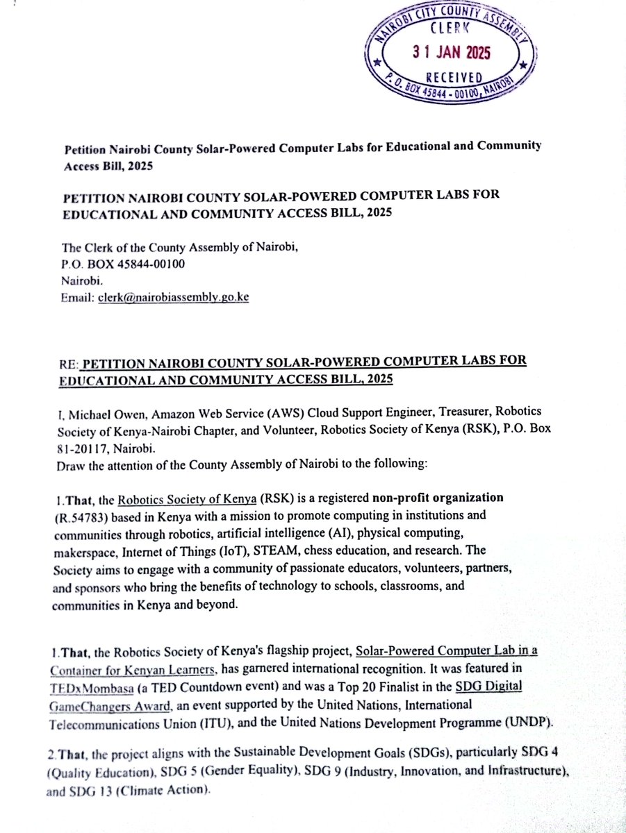 <a href="/KenyaRobotics/">Robotics Society of Kenya</a>  petitions <a href="/047County/">County Government 047</a>  solar computer labs, aiming to scale across all 47 counties &amp; eventually Africa.  This supports AI digital infrastructure via edge computing on <a href="/Raspberry_Pi/">Raspberry Pi</a>  Pis, narrowing the digital divide. 

Cc: <a href="/KenyaGovernors/">Council of Governors</a> <a href="/SakajaJohnson/">Sakaja Arthur Johnson</a>