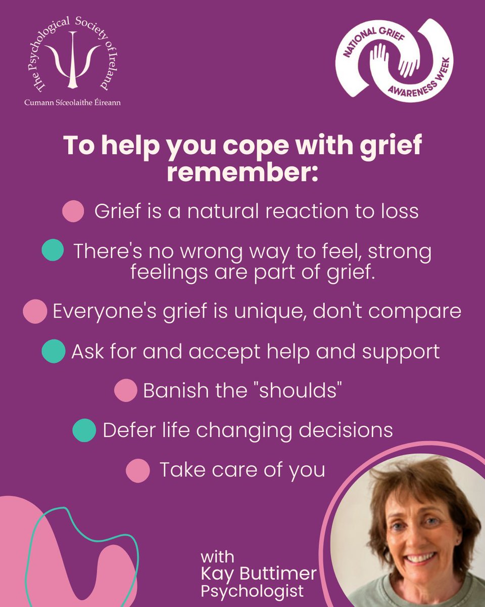 Psychological Society of Ireland (@psychsocireland) on Twitter photo This National Grief Awareness Week, we are joining <a href="/IrishHospice/">Irish Hospice Foundation</a> in raising awareness of grief and the importance of supporting those who are bereaved.
Psychologist Kay Buttimer some important reminders for those coping with grief.
#NGAW2025 #BeGriefAware This National Grief Awareness Week, we are joining <a href="/IrishHospice/">Irish Hospice Foundation</a> in raising awareness of grief and the importance of supporting those who are bereaved.
Psychologist Kay Buttimer some important reminders for those coping with grief.
#NGAW2025 #BeGriefAware