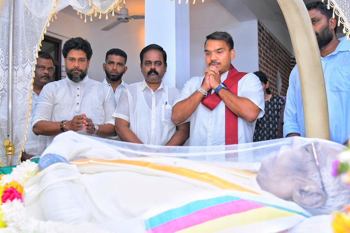RajapaksaNamal's tweet photo. Paid my final respects to former MP &amp; ITAK Leader Mavai Senathirajah in Jaffna today. Offered my deepest condolences to his family &amp; the senior members of ITAK, remembering the contributions he made towards SL politics &amp; the work he did for his people. His legacy will live on. https://t.co/4Vi6mHNM3O