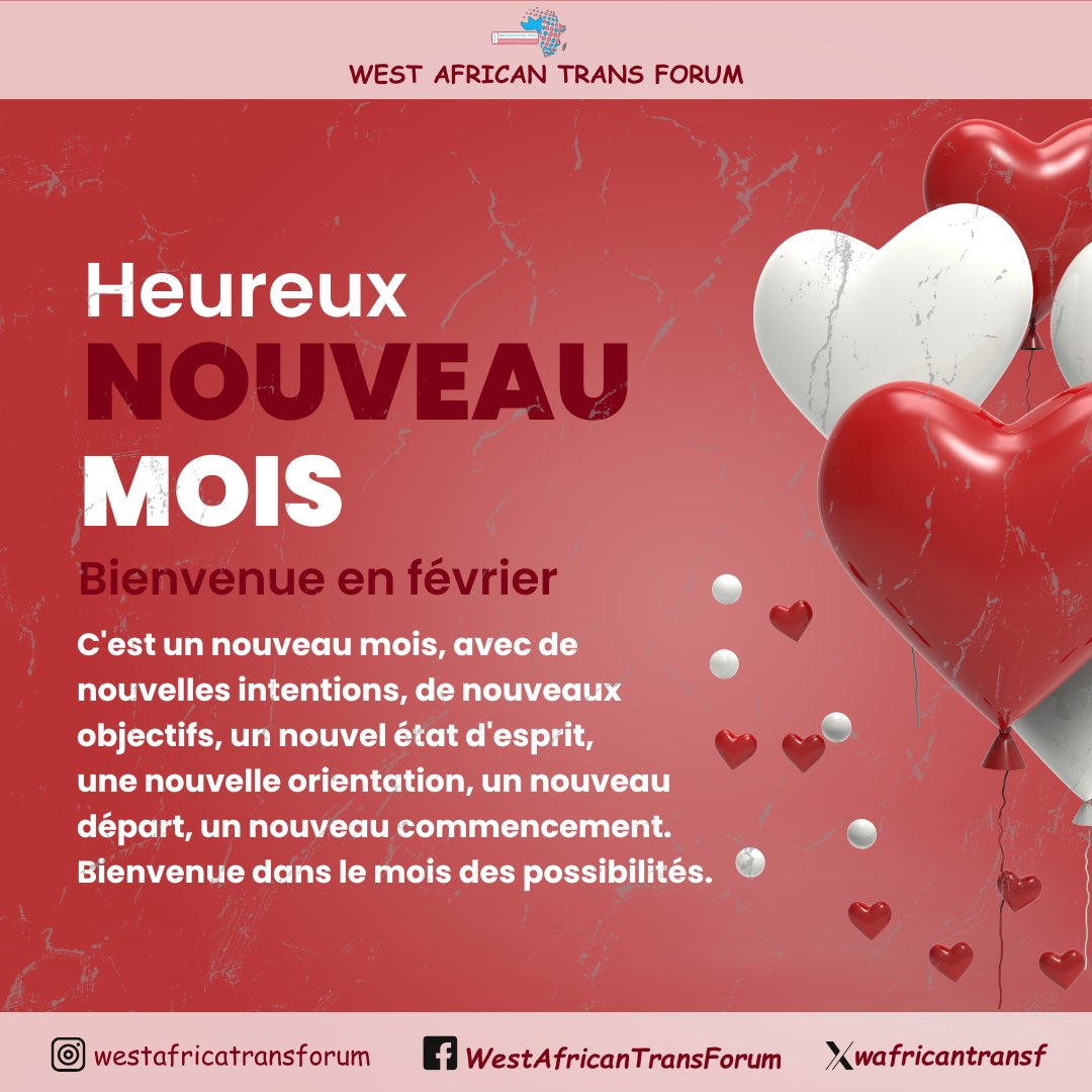 wafricantransf's tweet photo. C'est un nouveau mois, avec de nouvelles intentions, de nouveaux objectifs, un nouvel état d'esprit, une nouvelle orientation, un nouveau départ, nouveaux départs. Bienvenue dans le mois des possibilités. Bienvenue en Février!
.
#February #NewMonth #WestAfricanTransForum #WATF https://t.co/kXPts6oBMP