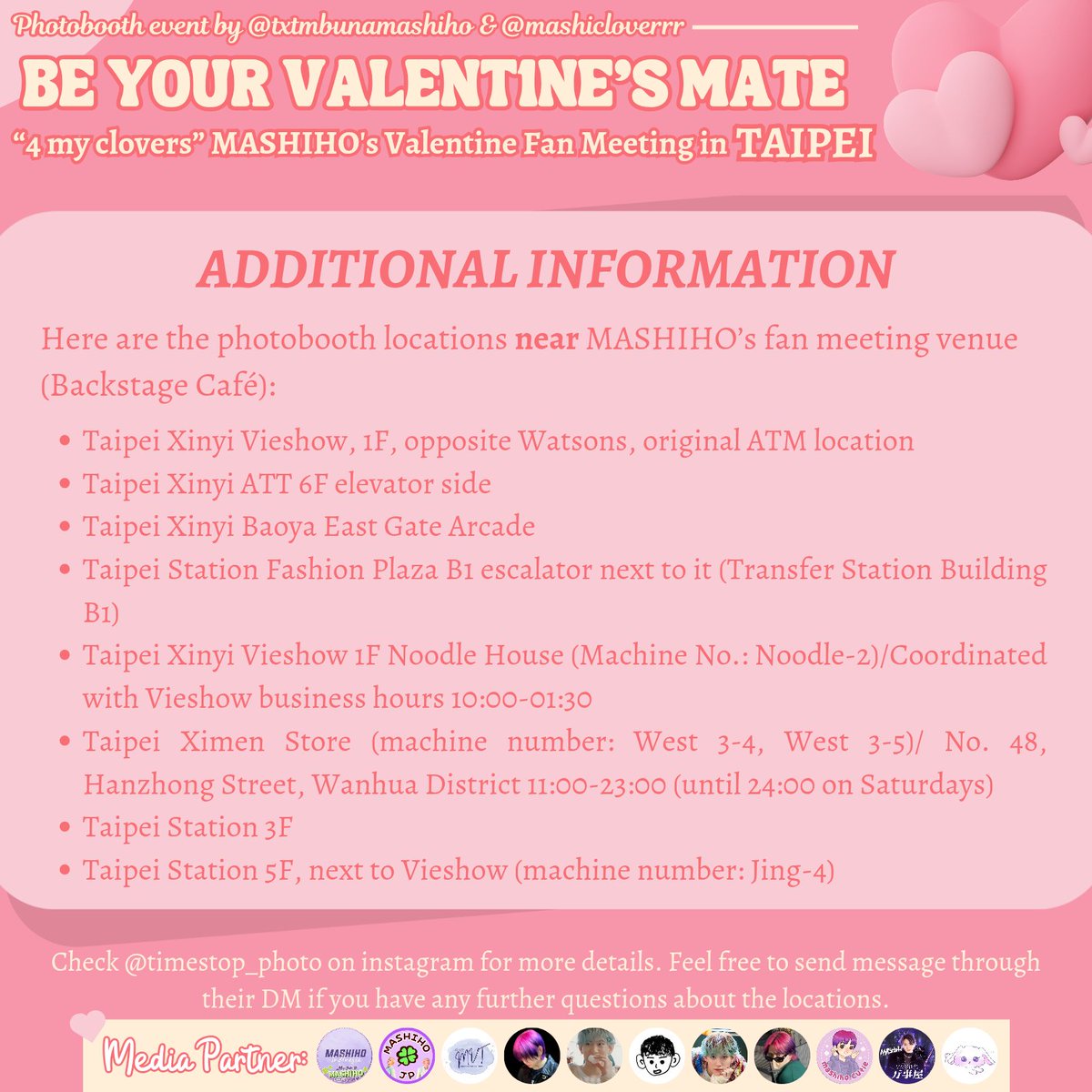 “4 my Clovers” MASHIHO's Valentine Fan Meeting in TAIPEI 🩷

✧ Photobooth Event: BE UR VALENT1NE’s MATE ✶ by <a href="/txtmbunamashiho/">부나™🍀 SLOWRES</a> &amp; <a href="/Mashicloverrr/">Far 🍀 || kinda ia</a>

More details: @/timestop_photo on IG

If you're going to Taiwan, please come and visit us 🍀

#MASHIHO #마시호 #マシホ <a href="/MASHIHO_IB/">MASHIHO</a>