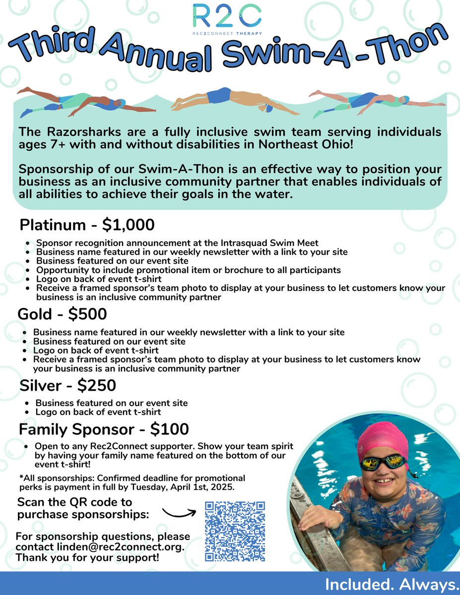 R2CFoundation's tweet photo. If you're a Northeast Ohio business looking to position yourself as a partner for inclusive recreation, sponsoring the Rec2Connect Third Annual Swim-A-Thon (supporting our Razorsharks Swim Team) is the perfect opportunity for you!🏊🏽Check out sponsorships at the link in bio!🦈 https://t.co/g8V2fTj3py