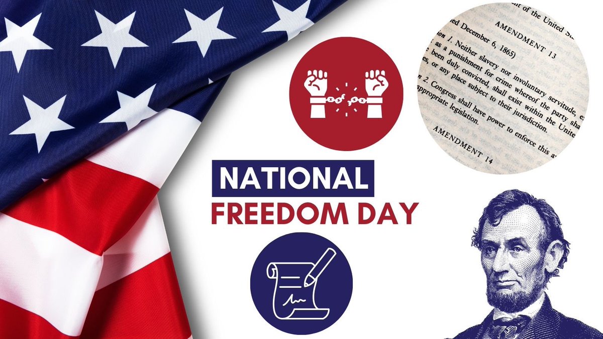 Today is #NationalFreedomDay, the day President Lincoln outlawed slavery by signing the 13th Amendment in 1865. Let’s commit ourselves to fighting slavery, oppression &amp; human trafficking globally. Read or watch a documentary about the 13th Amendment &amp; reflect our shared freedoms.