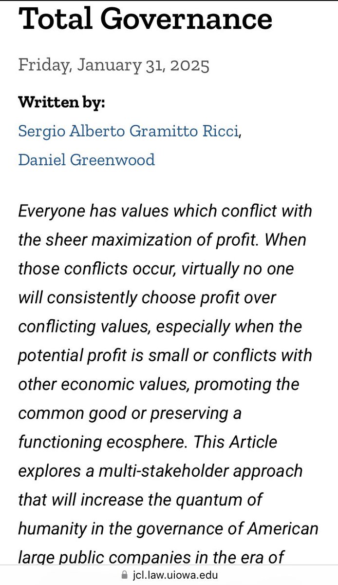 Center for Retail Investors & Corporate Inclusion (@ricicenter) on Twitter photo President Gramitto Ricci's article Total Governance is now published in <a href="/JofCorpLaw/">The Journal of Corporation Law (JCL)</a> and available at jcl.law.uiowa.edu/articles/2025/…
Total Governance is co-authored with Daniel Greenwood <a href="/Hofstra_Law/">Hofstra Law</a> <a href="/sergioalberto_/">Sergio Alberto Gramitto Ricci</a> President Gramitto Ricci's article Total Governance is now published in <a href="/JofCorpLaw/">The Journal of Corporation Law (JCL)</a> and available at jcl.law.uiowa.edu/articles/2025/…
Total Governance is co-authored with Daniel Greenwood <a href="/Hofstra_Law/">Hofstra Law</a> <a href="/sergioalberto_/">Sergio Alberto Gramitto Ricci</a>