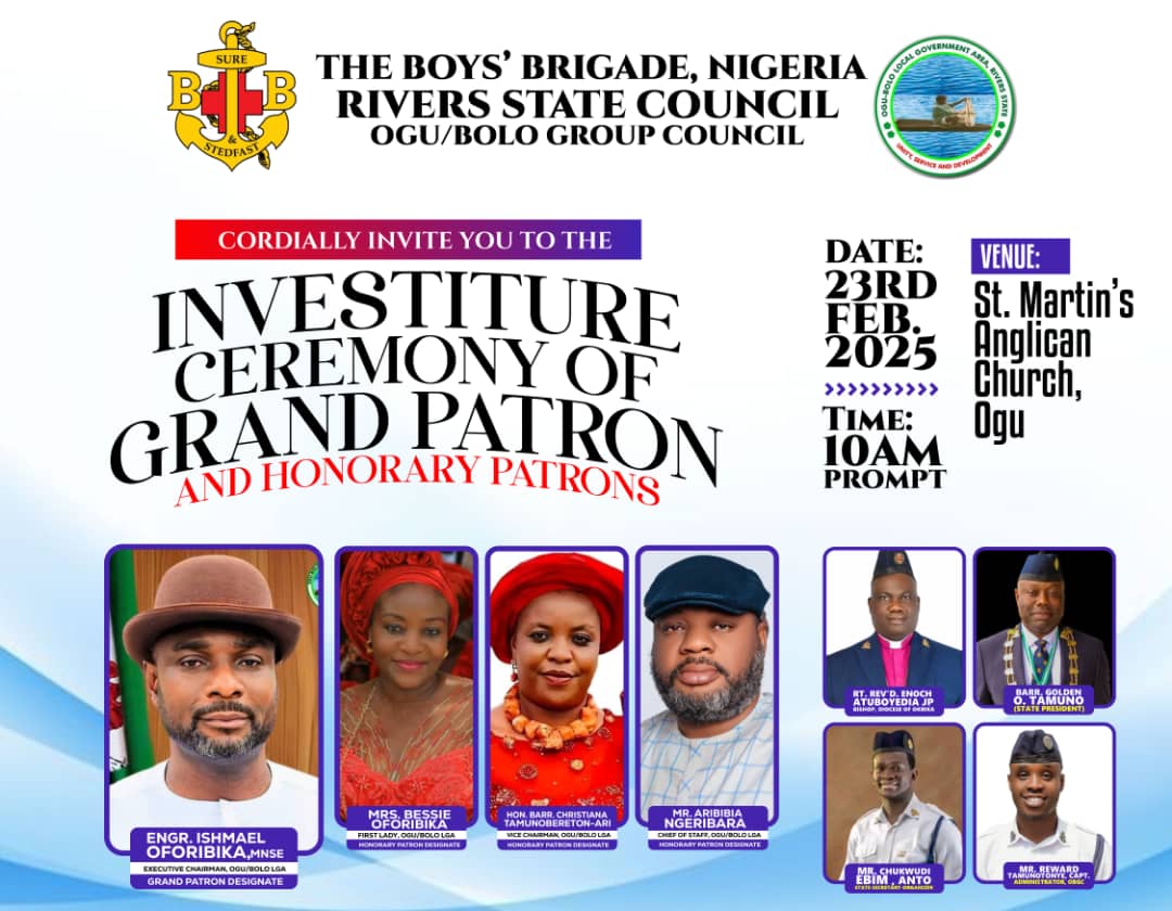 OguBolo's tweet photo. INVESTITURE CEREMONY OF GRAND PATRON AND HONORARY PATRONS

Date: 23rd February 2025  
Time: 10:00 AM Prompt  
Venue: St. Martin’s Anglican Church, Ogu https://t.co/l2YEXgc83s