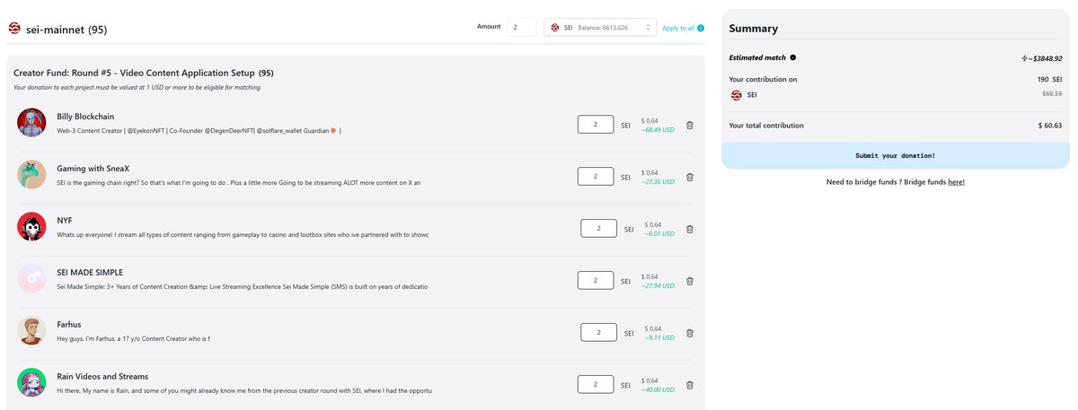 InEphTee's tweet image. Just showed some love to all 95 applicants in the Gitcoin Creator Grant round 5 on SEI.
Creators make this space what it is, and every bit of support counts. Wishing each of them success in bringing their visions to life. Keep pushing forward! 🚀❤️