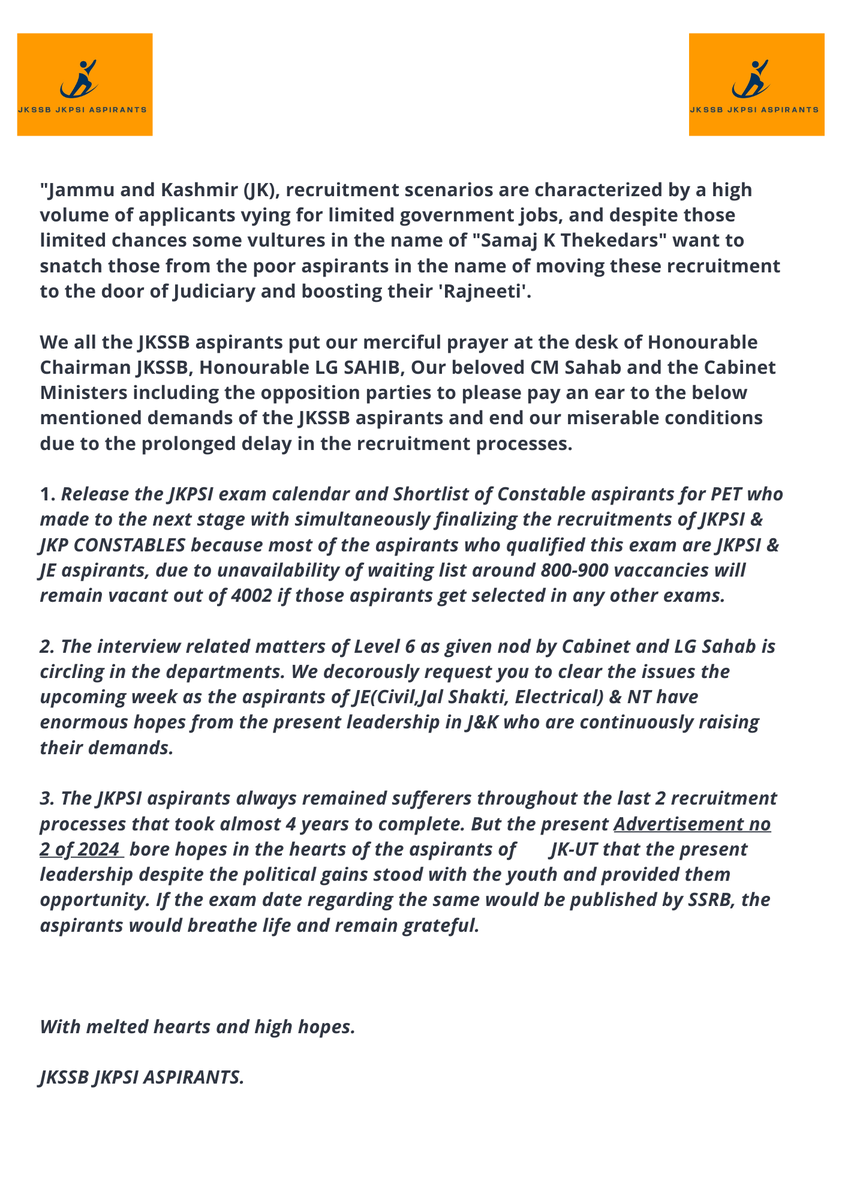 JKPSIBATCH2025's tweet photo. Simultaneous finalization of Constables and JKPSI recruitments would safeguard jobs of 800-900 aspirants/families due to unavailability of resignation after joining the departments. 

#ReleaseJKPSI_ExamCalendar
#ReleaseShortlistOfConstables
#Advertise_JE_Civil_Electrical_NT

@jkssbofficial
 
@indukanwal 
 
@HMOIndia
 
@PMOIndia
 
@JmuKmrPolice

@manojsinha_

@OmarAbdullah

@AdvReyazkhan

@Sunil_SharmaBJP

@MehboobaMufti

@RavinderRaina

@iamsatsharmaca

@JmuKmrPolice

@jkssbofficial

@wingsekudaan

@MalikTutorial

@JkssbExam

@TripleSClasses

@ClassesIg

@jkexamcracker

@HMOIndia

@tslnewsnetwork

@RuhullahMehdi

@PMOIndia

@JavedRanaa

@SyedJunaidHsmi

@MehrajMalikAAP

@JKNC_

@jknczadibal

@NorthernComd_IA

@ShagunParihar_

@GreaterKashmir

@DailyExcelsior1

@KashmirTimes_

@jkmediasocial

@Sunil_SharmaBJP 
@shaktiparihar_
@ShagunParihar_ 
@GulamAliKhatana 
@Ch_Sukhnandan 
@BJP4JnK 
@INCJammuKashmir 
@consdrresign 
@GulistanNewsTV