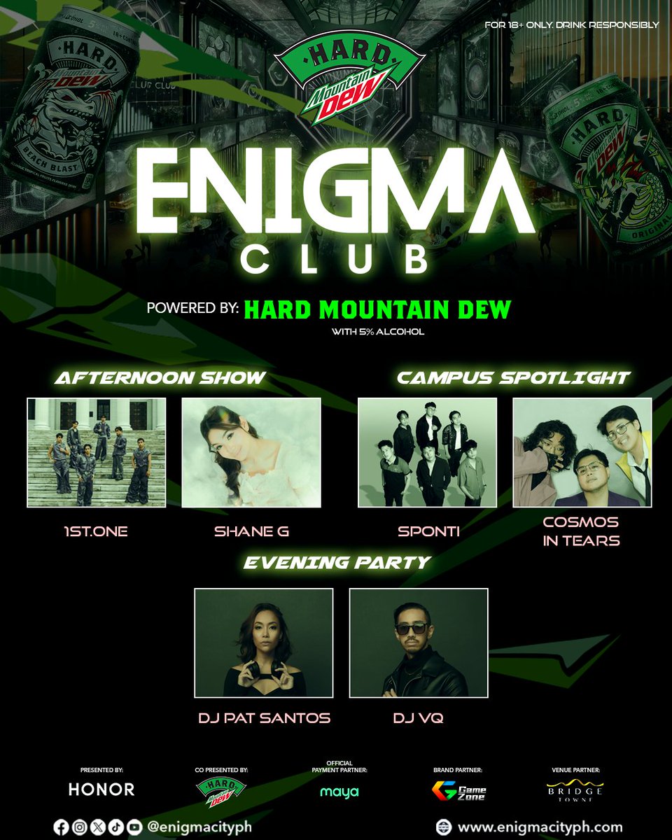 HARD YES sa Enigma Club! 🍻🔥

Dito tayo sa ultimate party spot powered by Hard Mountain Dew! 💚💥 Mas maagang simula, mas mahabang saya—mula Afternoon Show hanggang Evening Party, walang patid ang music at energy! 🎶⚡

Sino ang kasama mong sasayaw at tatagay sa Enigma Club? Tag