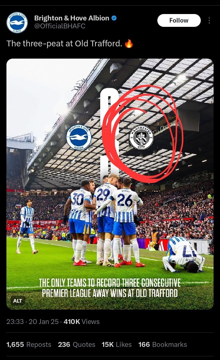 NickMrasta's tweet photo. @OfficialBHAFC Things have not been good since you disrespected Manchester City 2 weeks ago when you beat Manchester United.  Delete this post and apologise 😂😂
Brighton since Beating Manchester United???
Brighton 0-1 Everton 
Nottingham Forest 5-0 Brighton (2nd Half) https://t.co/ZatkYvoghV