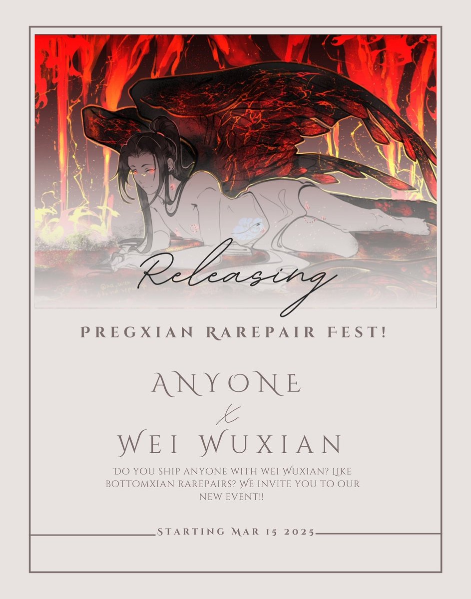 weiwuxianfest's tweet photo. With the start of 2025 we bring to you our second Rarepair Event! Calling all PregXian fans and rarepair enthusiasts. The much awaited PregXian Rarepair Fest is here! Show some love to your favourite Rarepairs!! Fill in our interest check to join the event and the discord server. https://t.co/LSQG2TTjwc