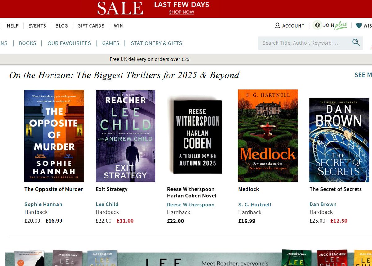 Well this was a delightful thing to see this week! Thanks so much to Waterstones for including MEDLOCK in ‘The Biggest Thrillers for 2025 &amp; Beyond’ 🎉😃 And so wonderful to see it in such brilliant company 😍