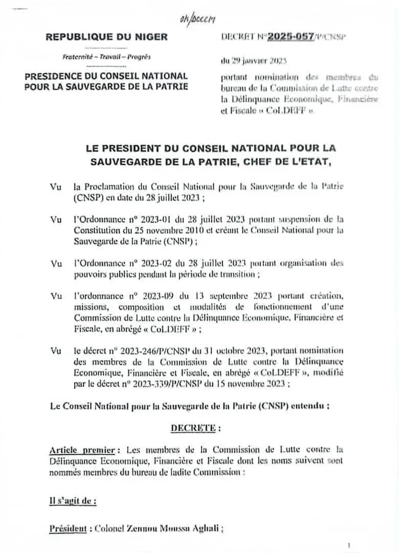 MahamadouBrah67's tweet photo. #Niger || Décret 2025-57/P/CNSP du 29 janvier 2025 portant nomination des membres du bureau de la Commission de Lutte contre la Délinquance Économique, Financière et Fiscale "#COLDEFF". https://t.co/Tu4Kw1tK6C