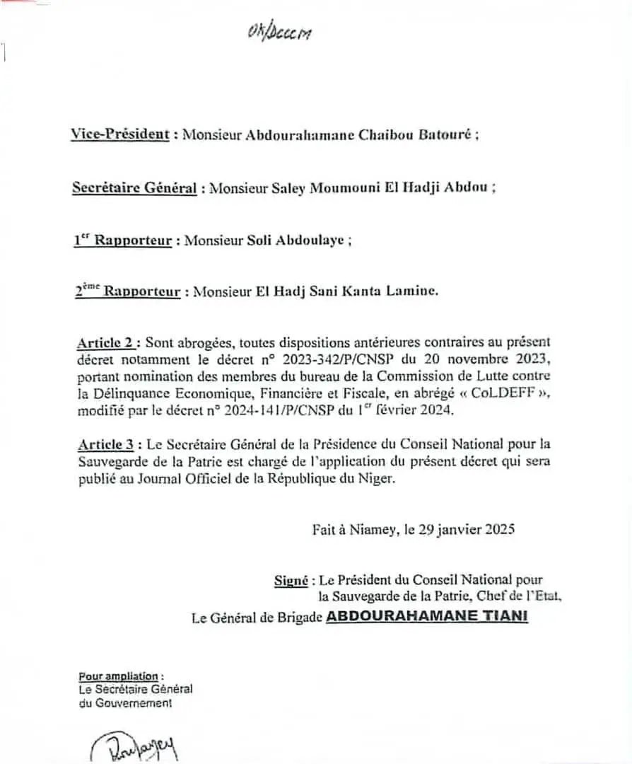 MahamadouBrah67's tweet photo. #Niger || Décret 2025-57/P/CNSP du 29 janvier 2025 portant nomination des membres du bureau de la Commission de Lutte contre la Délinquance Économique, Financière et Fiscale "#COLDEFF". https://t.co/Tu4Kw1tK6C