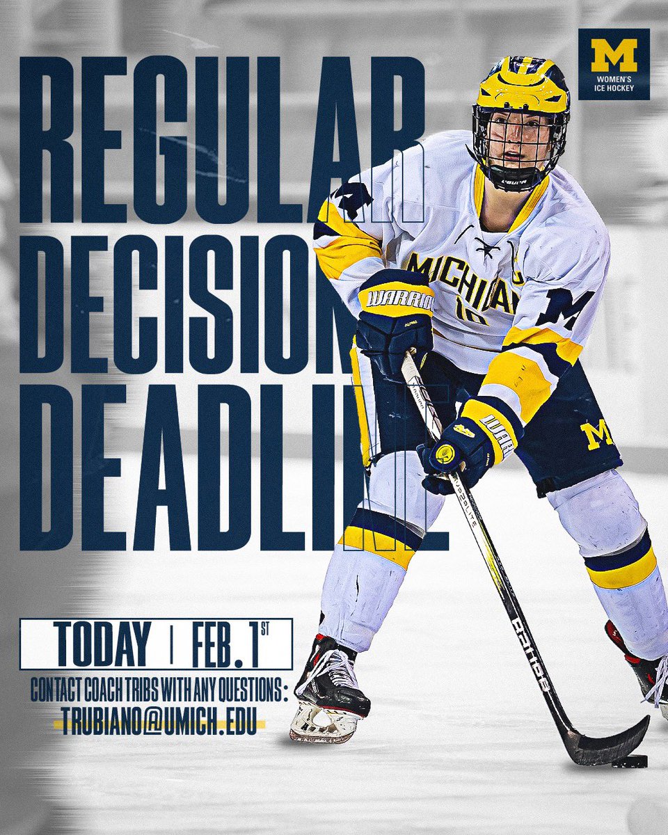 umichwhockey's tweet image. ‼️ TODAY (February 01) is the final day for regular decision applications to be considered Fall 2025 admission ‼️

Please contact Coach Tribs (trubiano@umich.edu) with any questions.

#FutureBlue #GoBlue