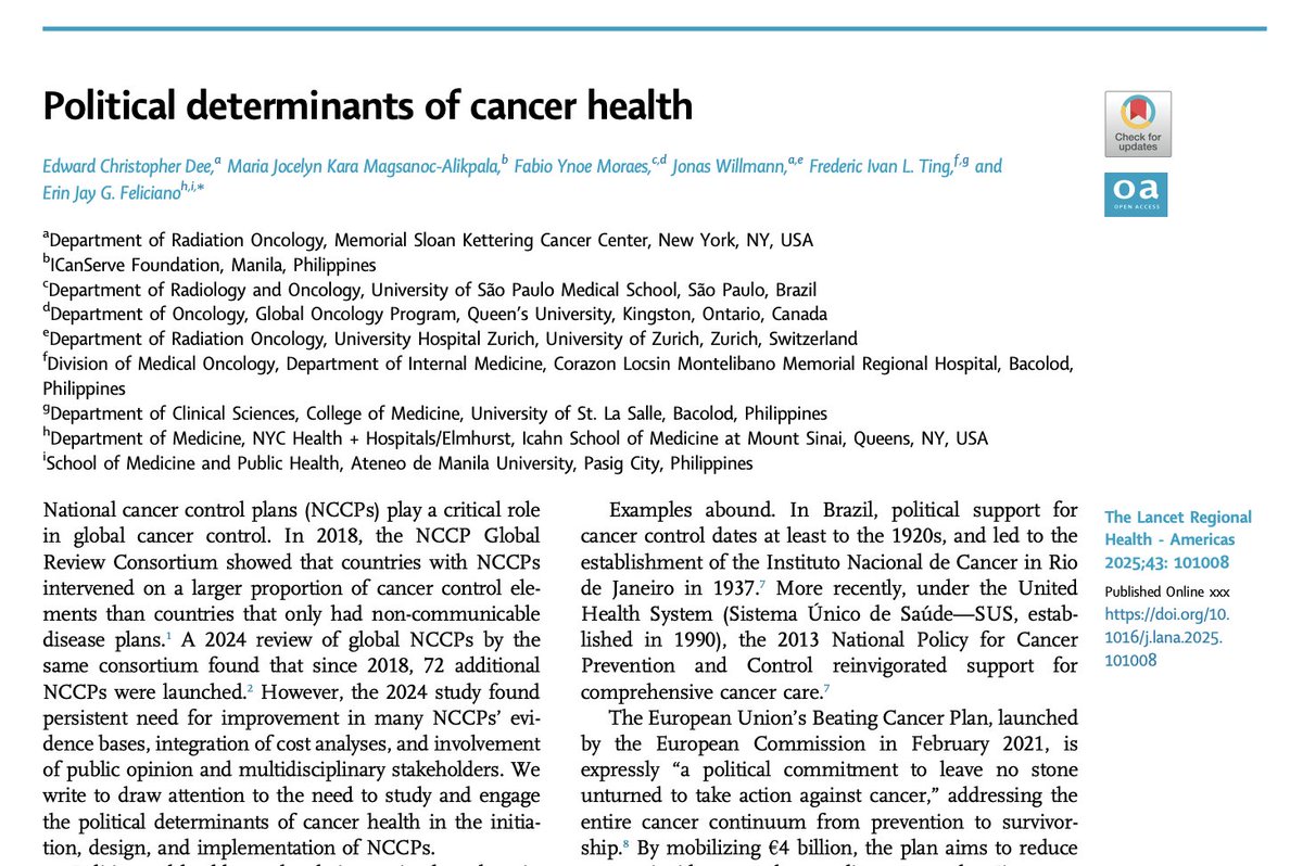 Edward Christopher "Chris" Dee, MD (@echrisdee) on Twitter photo 📜 In <a href="/LancetRH_Americ/">The Lancet Reg Health-Americas</a>, we draw attention to the #political #determinants of #cancer #health in the context of national cancer control plans
🙏 #patient #advocate Kara Magsanoc-Alikpala & Drs <a href="/FabioMoraesMD/">Dr. Fabio Moraes</a> <a href="/Jonas_Willmann/">Jonas Willmann, MD</a> <a href="/FredTingMD/">Fred Ting</a> <a href="/Erin_Feliciano/">Erin Feliciano, MD, MBA</a>
🔗 sciencedirect.com/science/articl… 📜 In <a href="/LancetRH_Americ/">The Lancet Reg Health-Americas</a>, we draw attention to the #political #determinants of #cancer #health in the context of national cancer control plans
🙏 #patient #advocate Kara Magsanoc-Alikpala & Drs <a href="/FabioMoraesMD/">Dr. Fabio Moraes</a> <a href="/Jonas_Willmann/">Jonas Willmann, MD</a> <a href="/FredTingMD/">Fred Ting</a> <a href="/Erin_Feliciano/">Erin Feliciano, MD, MBA</a>
🔗 sciencedirect.com/science/articl…