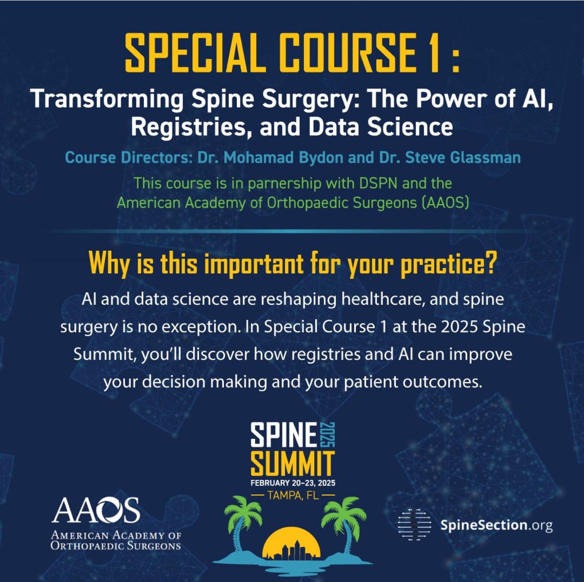 AI and Data Science are transforming spinal surgery. Join AAOS and Spine Section - Special Course 1 at Spine Summit in Tampa. #DSPN #SpineSummit #AI
