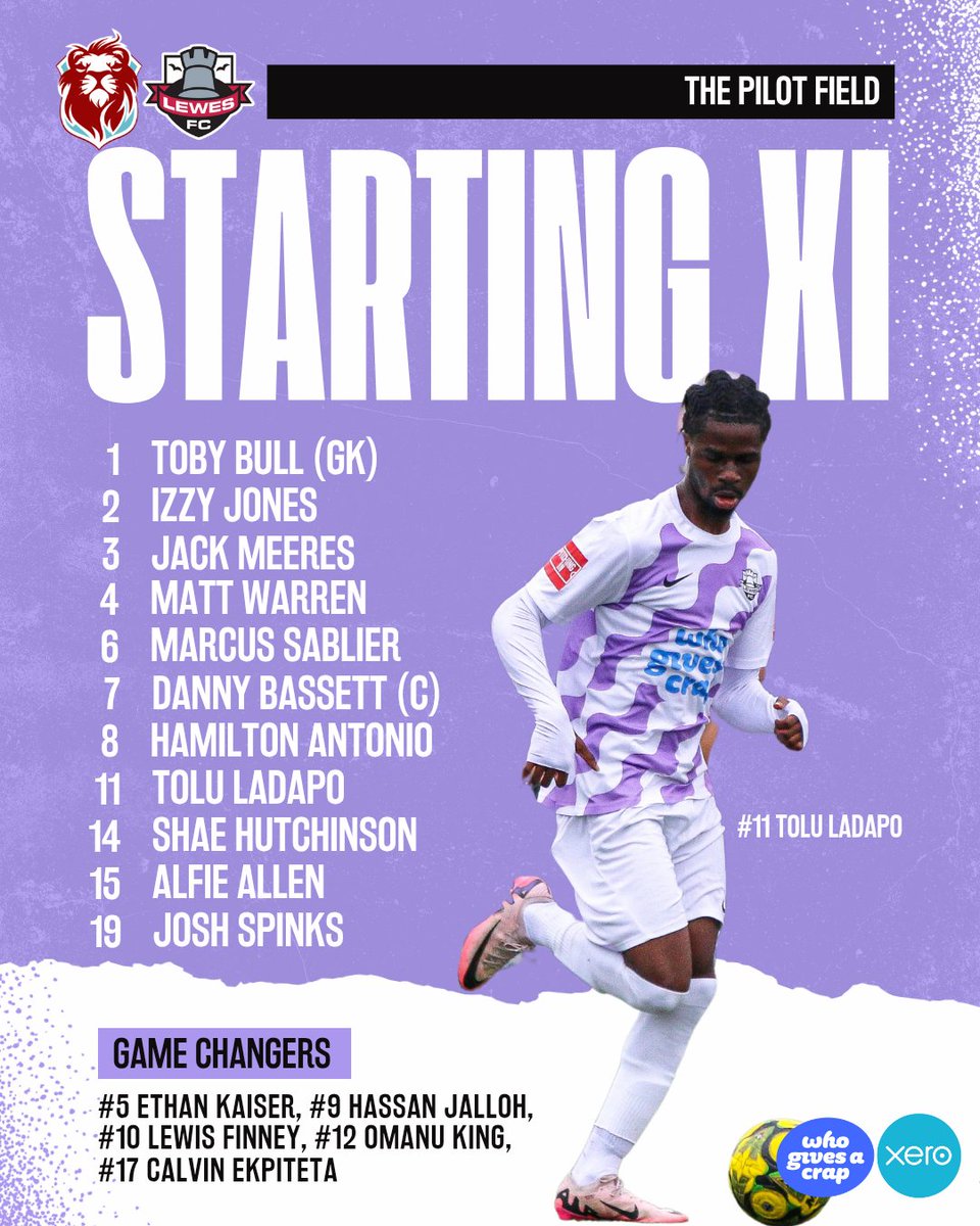 LewesFCMen's tweet photo. Your Rooks this afternoon in Hastings 👊

A new name on the bench - Omanu King joins the Rooks. 🙌

#COYR🟣⚪️ https://t.co/cTBJSWojgX