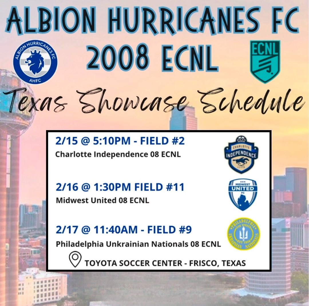 Albion U17 ECNL (2008) (@ahfc08ecnl) on Twitter photo We are 2 weeks away from the <a href="/ECNLgirls/">ECNL Girls</a> Dallas Showcase! Coaches, we hope to see you on our sidelines! We are 2 weeks away from the <a href="/ECNLgirls/">ECNL Girls</a> Dallas Showcase! Coaches, we hope to see you on our sidelines!