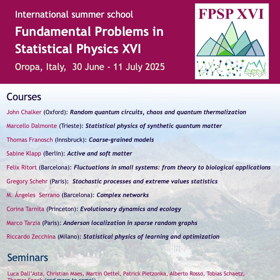 gabrielescr's tweet image. Gladly share the reminder for this Summer School in Oropa on a range of topics in condensed matter physics and statistical physics with their applications. Extended deadline: February 14th, 2025. Link: fpspxvi.sciencesconf.org